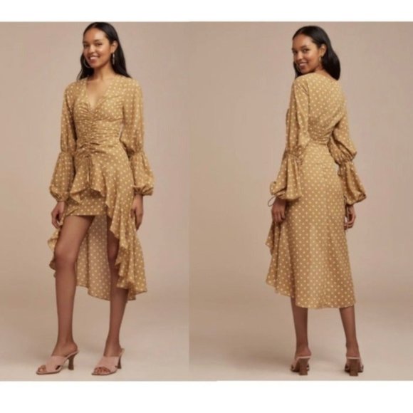 NWT Finders Keepers Rosie Tan Hi-Lo Polka Dot Ruffle Ruched Ruffle Dress S - Picture 10 of 11